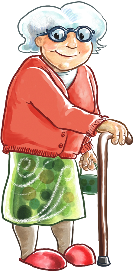 Agnes, the illustrated older woman used throughout the Canterbury Health System's One System visualisation, standing with a walking stick and a shopping basket.