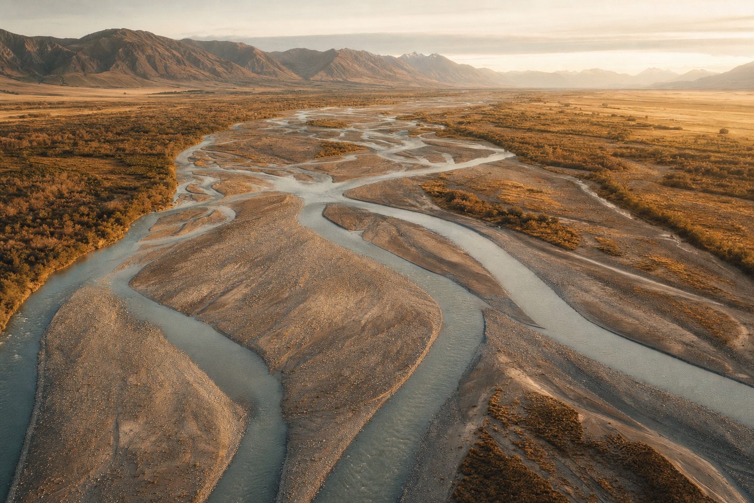 A braided river winding across the Canterbury Plains at golden hour, its many channels converging and diverging.