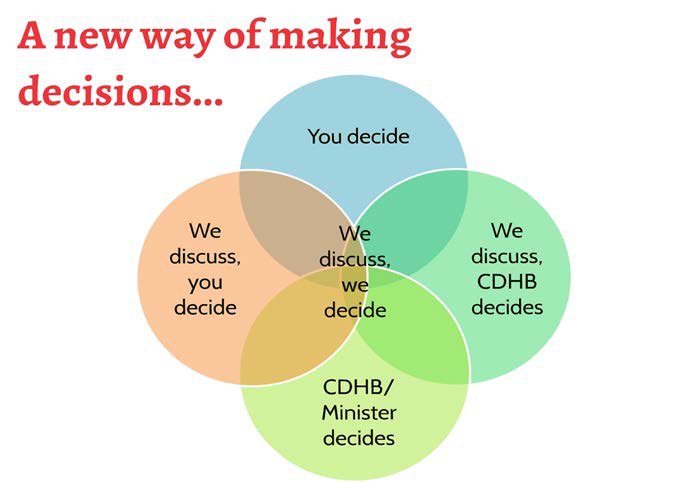 A Venn diagram titled a new way of making decisions, with overlapping circles labelled you decide, we discuss we decide, and board or Minister decides.