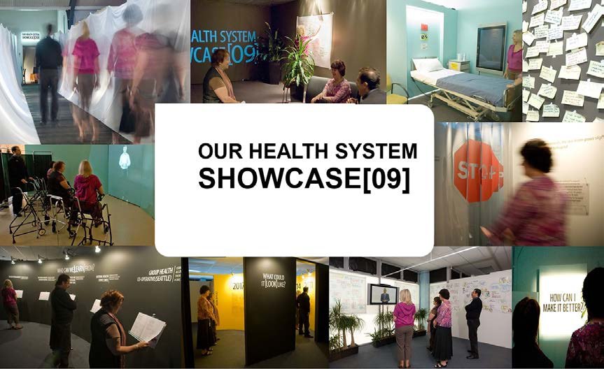 A grid of photographs of the Our Health System Showcase installation, showing staff walking through darkened exhibition rooms and reading wall panels.